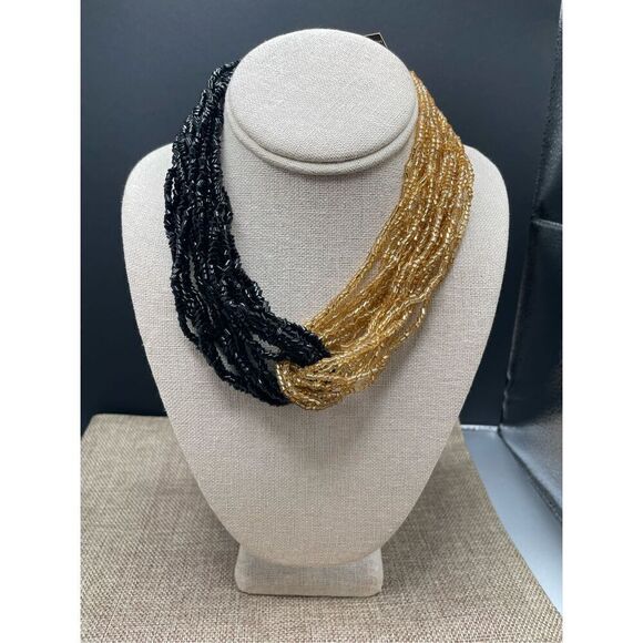 Bohemian Glass Vintage Seed Beaded Black & Gold Looped Necklace - Picture 5 of 5
